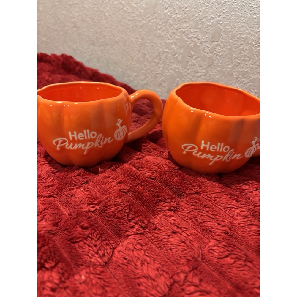 Pair Of "Hello Pumpkin" Harvest Orange Coffee Or Cocoa Mugs Halloween